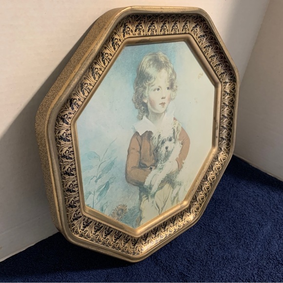 1960s MCM 12” Octagonal Sunshine Biscuit Tin Lid Child Dog Grandma’s Retro Decor - Picture 2 of 4